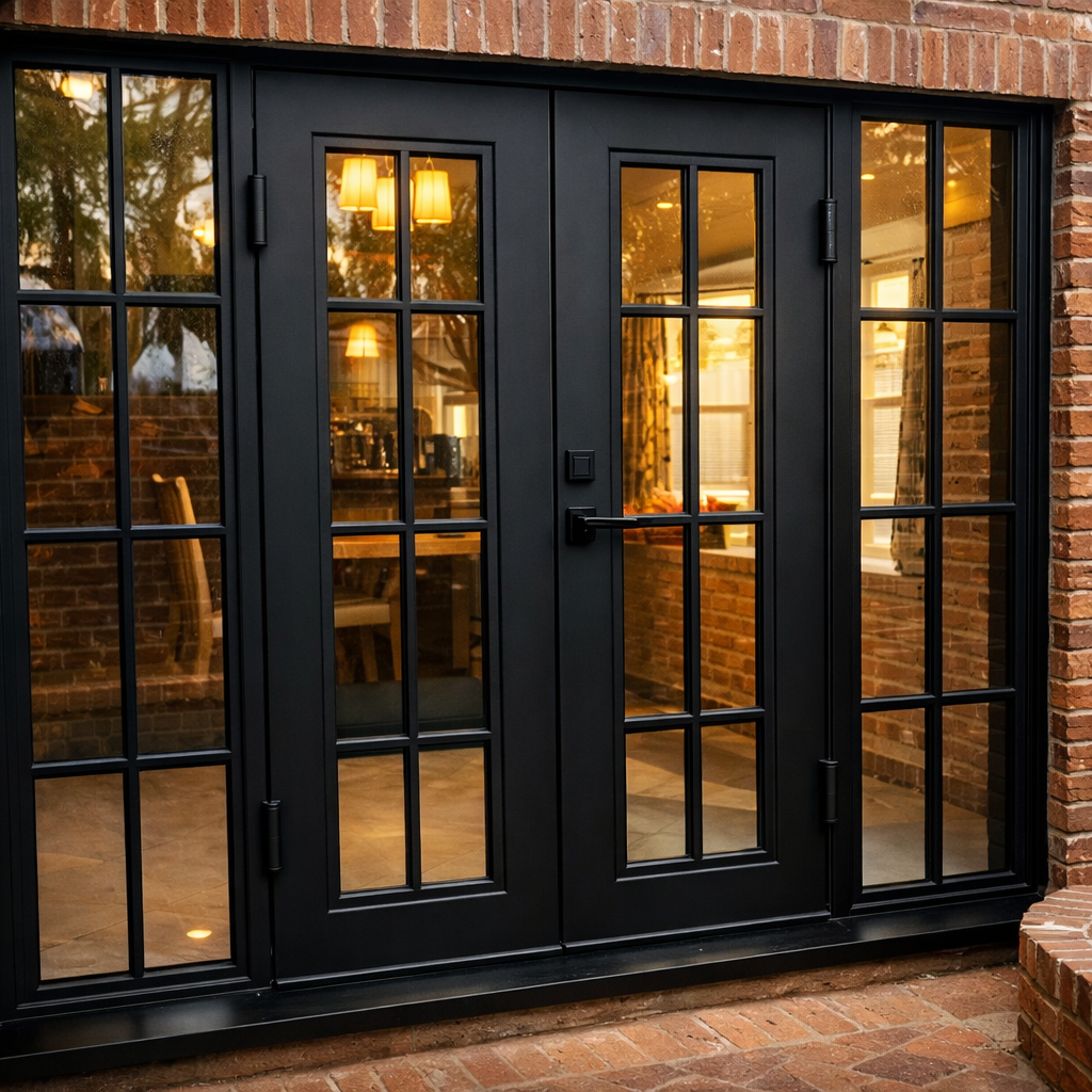 Custom black iron French doors with glass panes